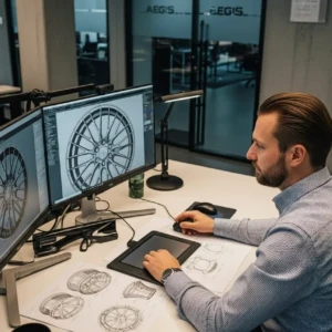Conceptual rendering of CAD-driven engineering at AEGIS RIM. Image is AI-generated for illustration purposes. AI-generated illustration of AEGIS RIM engineer focused on CAD modeling—conceptual rendering of precision wheel design workflow.