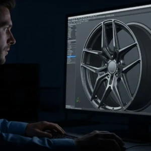 Where precision begins — Every AEGIS RIM starts with CAD-driven engineering and obsessive attention to detail. Engineer focused on CAD blueprint for forged alloy rim design.