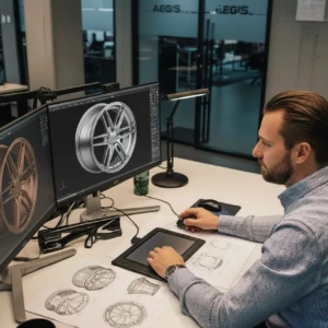 Designer using dual monitors for 3D wheel modeling and sketches in modern office setting.