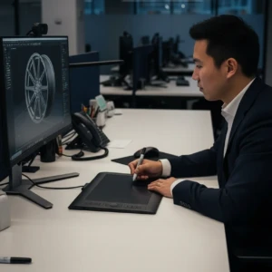 Precision doesn’t sleep — Our engineers work late into the night refining CAD designs to ensure every AEGIS RIM meets exact client specifications. AEGIS RIM engineer working on CAD design during night shift for final specification confirmation