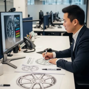 Concepts born from collaboration — This morning sketch captures our engineering team's effort to translate client feedback into forged precision. AEGIS RIM engineer sketching concept after morning client discussion during pre-production phase.
