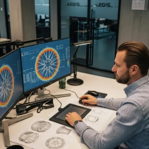Conceptual rendering of AEGIS RIM’s AI-powered engineering workflow with stress analysis—precision meets automation. AI-generated illustration of AEGIS RIM engineering team performing stress analysis—conceptual rendering of precision testing and structural validation.