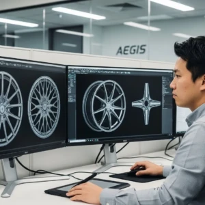 Designer working on computer-aided designs of wheels using dual monitors in a modern office setting.