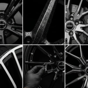 Every detail protected — From impact-resistant coatings to precision-fit accessories, AEGIS RIM delivers uncompromising protection with signature style. Collage showcasing premium rim protection, detailing, and performance features from AEGIS RIM.