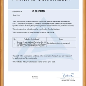 tuv-rheinland-annex The annex document for the TÜV Rheinland approval, showing the production site and international regulations complied with by Anterun wheels.