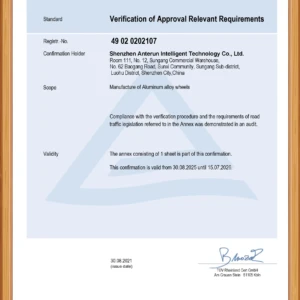 tuv-rheinland-approval TÜV Rheinland certification confirming Anterun's aluminum alloy wheels comply with European and German road traffic regulations.
