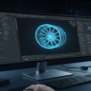 Computer screen displaying 3D modeling software with a digital wheel design, emphasizing technology and innovation.