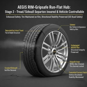Stage 2: Controlled Tread Separation (AEGIS) AEGIS RIM-Gripsafe Run-Flat Hub: Stage 2 - Tread and Sidewall Separation Prevented with Vehicle Control (US Road Safety Enhancement)Controllable Vehicle (Enhanced US Road Safety)