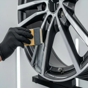 Hands-on precision—AEGIS RIM coating technicians ensure every forged wheel receives flawless surface treatment for lasting protection and visual impact. Technician applying surface coating to AEGIS RIM forged alloy wheel—illustrating precision-controlled treatment for durability and finish quality.
