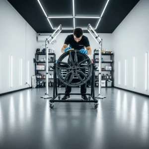 Inside the coating studio—AEGIS RIM wheels receive multi-layer surface treatments in a precision-controlled environment for lasting protection and finish. Coating studio environment for AEGIS RIM forged alloy wheels—illustrating multi-stage surface treatment in a controlled facility.