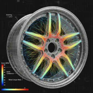 Conceptual rendering of CFD and stress analysis for AEGIS RIM forged alloy wheel—engineered for aerodynamic efficiency and real-world durability. AI-generated CFD and stress simulation of AEGIS RIM forged alloy wheel—illustrating airflow dynamics, pressure zones, and structural integrity.