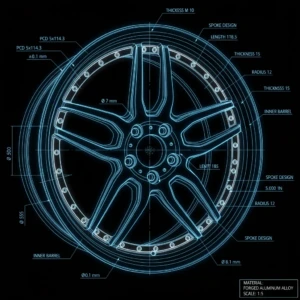 Conceptual X-ray cross-section of AEGIS RIM forged alloy wheel—verifying internal strength and defect-free construction before certification. AI-generated X-ray cross-section of AEGIS RIM forged alloy wheel—illustrating internal structural integrity and flaw detection process.