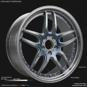 Conceptual rendering of X-ray quality verification for AEGIS RIM forged alloy wheels—ensuring internal strength and defect-free performance. AI-generated illustration of X-ray flaw detection for AEGIS RIM forged alloy wheel—verifying internal structural integrity before certification.