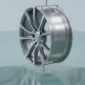 Immersion coating in action—AEGIS RIM wheels undergo multi-layer surface treatment for lasting protection and signature finish. Immersion coating concept for AEGIS RIM forged alloy wheel—illustrating multi-stage surface treatment for corrosion resistance and color depth.