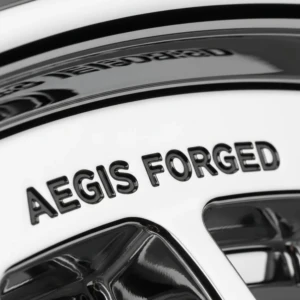 AEGIS RIM forged wheel with polished chrome lip engraving—where mirror-finish brilliance meets precision-crafted identity. Polished chrome lip engraving on AEGIS RIM forged alloy wheel—illustrating precision marking and reflective surface treatment for premium finish.