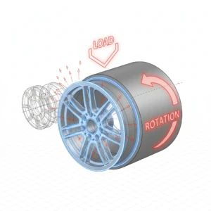 Engineered to endure — This diagram illustrates how AEGIS RIM simulates years of road stress through radial fatigue testing, ensuring every wheel is built for the long haul. Illustrative diagram showing AEGIS RIM’s radial fatigue testing process, simulating long-term road stress on forged wheels.