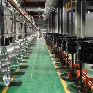 Before the finish, precision remains — These cast AEGIS RIM wheels are staged for paint, each one shaped to spec and ready for its final surface treatment. AEGIS RIM cast wheels stacked on pallets after core production, staged for surface finishing and paint application.