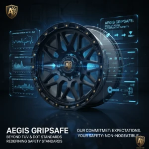 Close-up of a rugged black AEGIS Gripsafe wheel, with technical data charts in the background, promoting the commitment: "Your safety: non-negotiable" and standards "Beyond TUV & DOT".