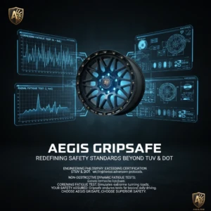 Infographic showing a black custom wheel surrounded by graphs displaying data from the Cornering Fatigue Test (N-Sideload) and Radial Fatigue Test (L-Sideload), illustrating testing that exceeds TUV and DOT standards.