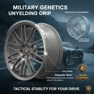 Visual promoting AEGIS Gripsafe wheels highlighting "Military Genetics" and "Unyielding Grip." Includes callouts for Precision FEA Engineering and Reinforced Alloy Engineering for tactical stability.