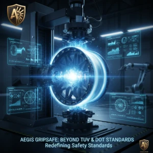 Image showing an AEGIS wheel undergoing advanced dynamic fatigue testing in a high-tech factory setting, surrounded by holographic displays of performance data and testing parameters.