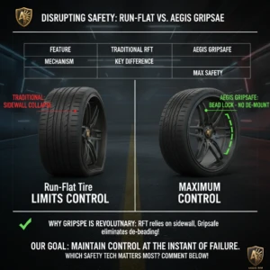 Side-by-side comparison illustrating Traditional RFT (sidewall collapse, limits control) versus AEGIS Gripsafe (bead lock, maximum control), focusing on maintaining control at the instant of failure.
