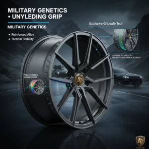 Close-up of an AEGIS Gripsafe wheel showing precision FEA engineering analysis and its connection to military genetics, ensuring tactical stability and preventing de-beading/blowout loss of control.