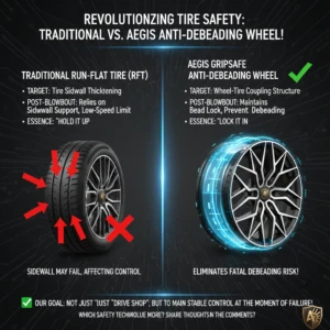 Diagram comparing traditional Run-Flat Tire (RFT) safety (relies on sidewall, low-speed limit) with AEGIS Gripsafe Anti-Debeading Wheel (maintains bead lock, eliminates fatal debeading risk) for stable control.