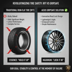 Side-by-side comparison showing traditional RFT (bulky, heavy, limits performance) and AEGIS Gripsafe (lightweight, enhanced control, simple maintenance).