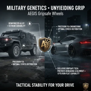 Split image comparing a military-style vehicle and a sports car, both utilizing AEGIS Gripsafe technology for tactical stability, highlighting reinforced alloy, precision FEA, and exclusive Gripsafe tech for 0 PSI run-flat capability.