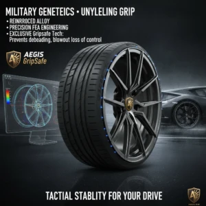 Close-up view of an AEGIS Gripsafe wheel and tire, showing a digital display of FEA engineering and the Gripsafe Tech points (blue lights) that prevent de-beading and blowout loss of control in wet conditions.