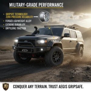 Image of a custom off-road vehicle highlighting "Military-Grade Performance" and Gripsafe Technology's zero-pressure reliability, forged lightweight alloy, and unyielding traction for conquering any terrain.