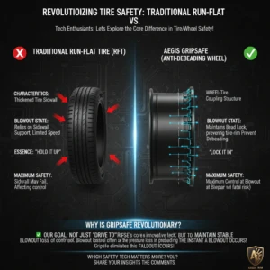 Diagram comparing traditional RFT (sidewall collapse) with AEGIS Gripsafe (maintains bead lock) and highlighting the "Hold It Up" vs. "Lock It In" essence.