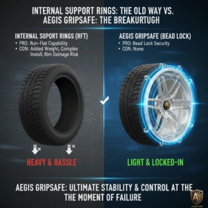 Comparison diagram showing traditional RFT internal support rings (heavy and hassle) versus AEGIS Gripsafe bead lock (light and locked-in), emphasizing ultimate stability and control at the moment of failure.