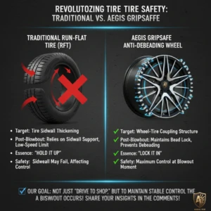 Infographic detailing the core differences in the tire/wheel safety mechanism between traditional RFT (sidewall reliance) and AEGIS Gripsafe (maintains bead lock/prevents debeading) for maximum control.