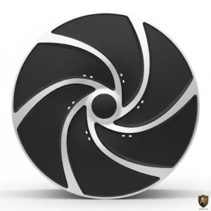 Black and silver turbine-like design with sleek, curved blades for Aegis Rim branding.