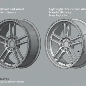 Comparison of traditional cast wheel and lightweight flow-formed wheel, highlighting material efficiency and density.