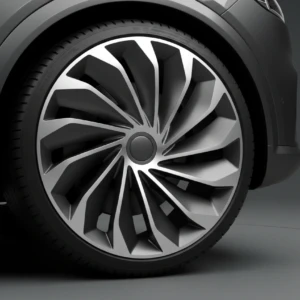 Close-up of a modern car wheel with a unique spiral alloy rim design, showcasing innovative automotive styling.