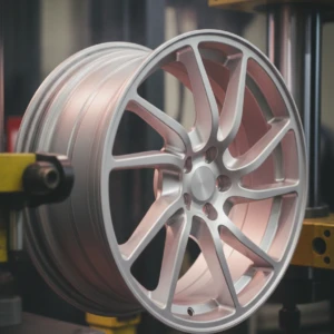 Silver alloy wheel on display in workshop, showcasing intricate spoke design and precision manufacturing.