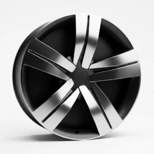 Sleek black and silver alloy car wheel rim with a modern design on a white background.