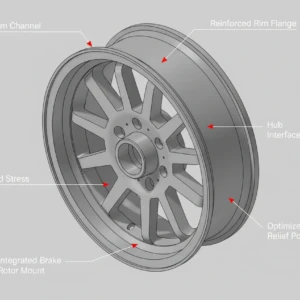 Illustration of a car rim with parts labeled: valve stem channel, rim flange, stress pockets, brake mount, hub interface.