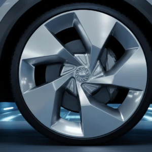 Close-up of a sleek, modern car wheel with a unique spoke design in a well-lit showroom.
