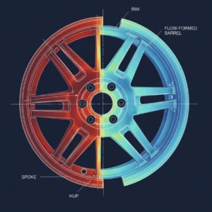 Heat-mapped wheel diagram showing rim, spoke, and flow-formed barrel for low mass and load distribution analysis.