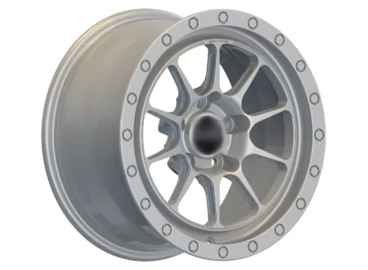 Stylish aluminum alloy wheel with a modern design, featuring a silver finish and bolt accents for enhanced durability.