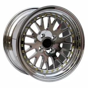 Shiny chrome car wheel with intricate spoke design and gold accents, perfect for custom vehicles and automotive enthusiasts.