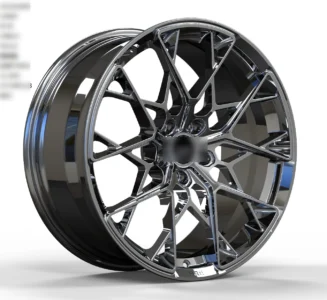 Sleek, modern alloy wheel design featuring a polished chrome finish and intricate spoke patterns. Perfect for custom cars.